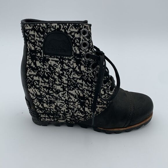 Sorel | Shoes | Sorel Lexie Wedge Boots Size 6 | Poshmark Sorel Joan of Arc Lexie wedge ankle boots black and white Womans size 6.5